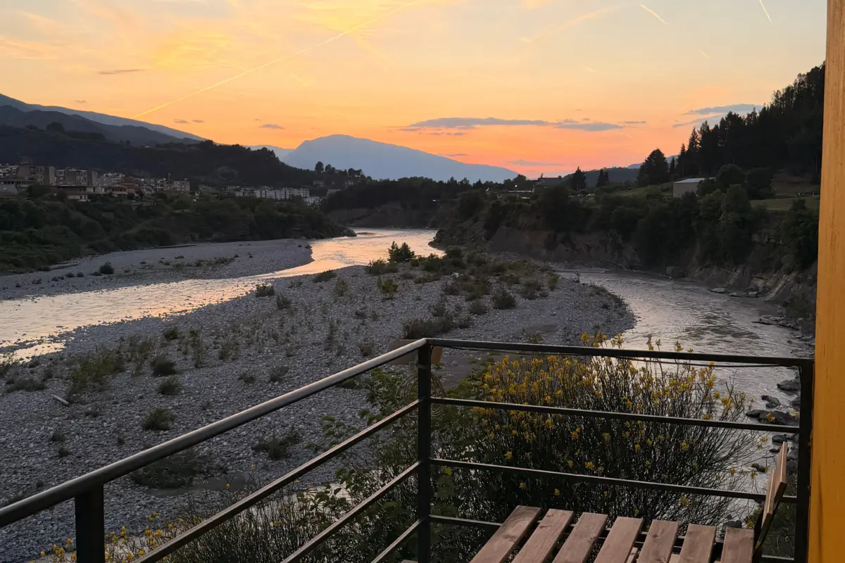 About Rafting Vjosa Albania 5 Terrace of Rafting Vjosa Albania's riverside centre overlooking the Vjosa at sunset