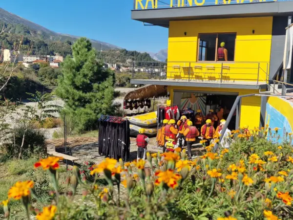 Rafting Vjosa Albania's riverside centre seen from the garden, Përmet
